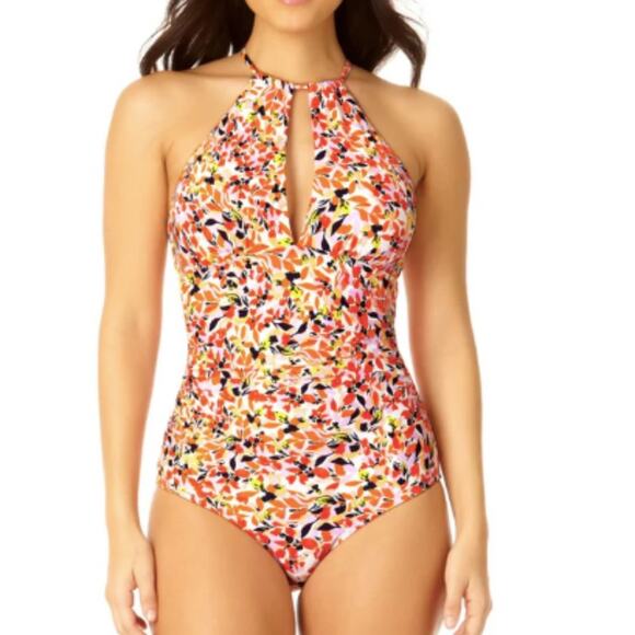 Anne Cole Ruffled Strap Keyhole One Piece swimsuit coral ditsy print - 14 - Picture 1 of 15